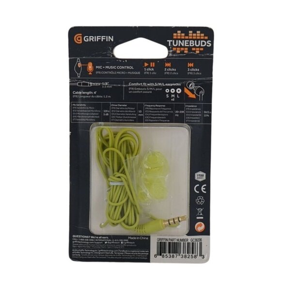 Griffin TuneBuds In-Ear Headphones with Mic + Music Control – Green, Medium | 3. - Picture 2 of 6